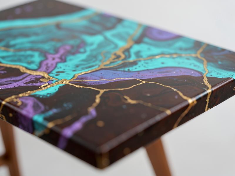 Tampo de mesa com resina marmorizada em turquesa, roxo e dourado