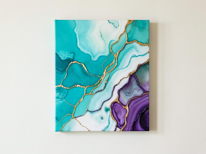 Quadro de arte fluida em resina com tons turquesa, branco e dourado